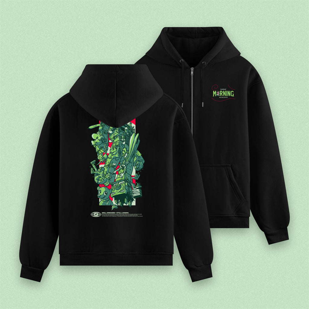 (Pre-Order) "Sunday Morning Memories" Zipper Hoodie schwarz / Nerdy Terdy Gang