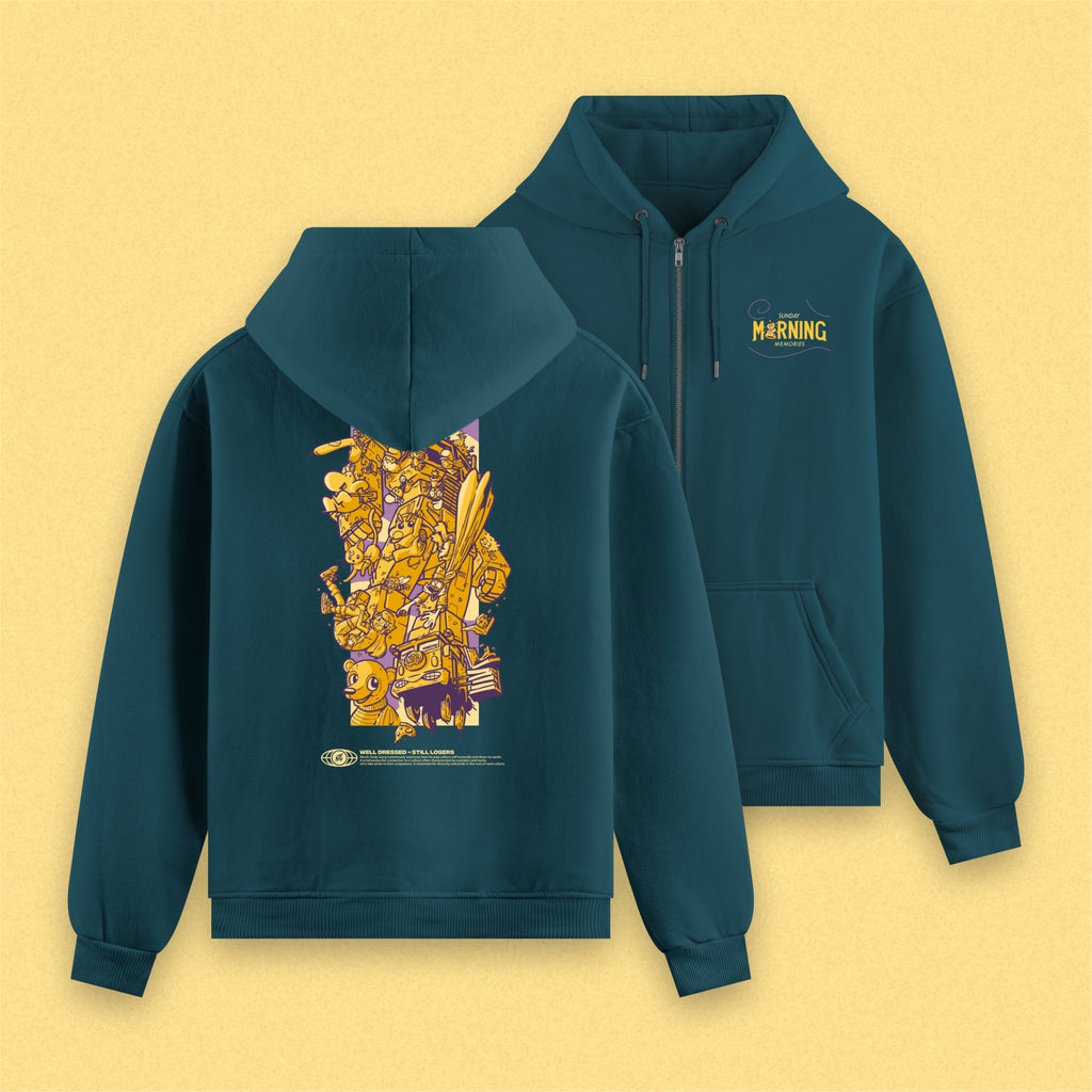 (Pre-Order) "Sunday Morning Memories" Zipper Hoodie grünblau / Nerdy Terdy Gang